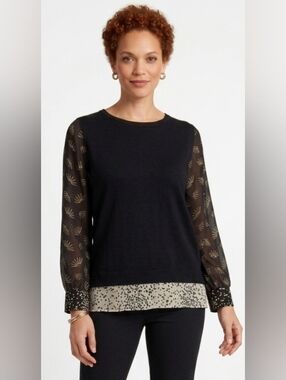Luisa Cerano Mixed-Media Layered Sweater - Sheer Printed Sleeves US Size 10